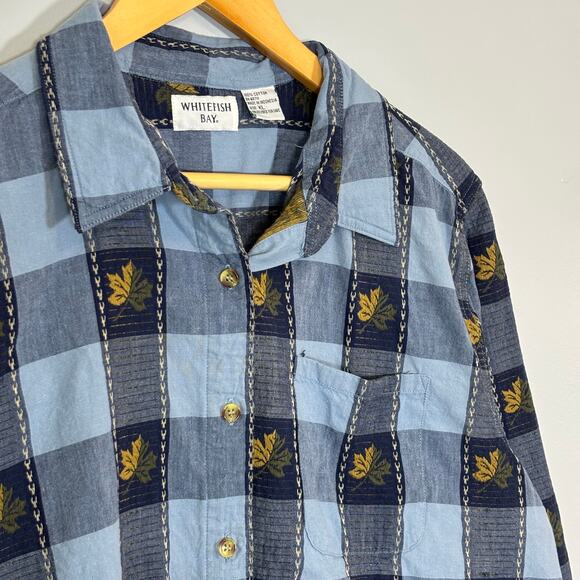Blue Check Autumn Leaves Embroidered Shirt XL Cotton Button Down | Soft Summer - Picture 5 of 8